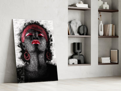 Red Headwrap Woman Ink Splatter Glass Wall Art
