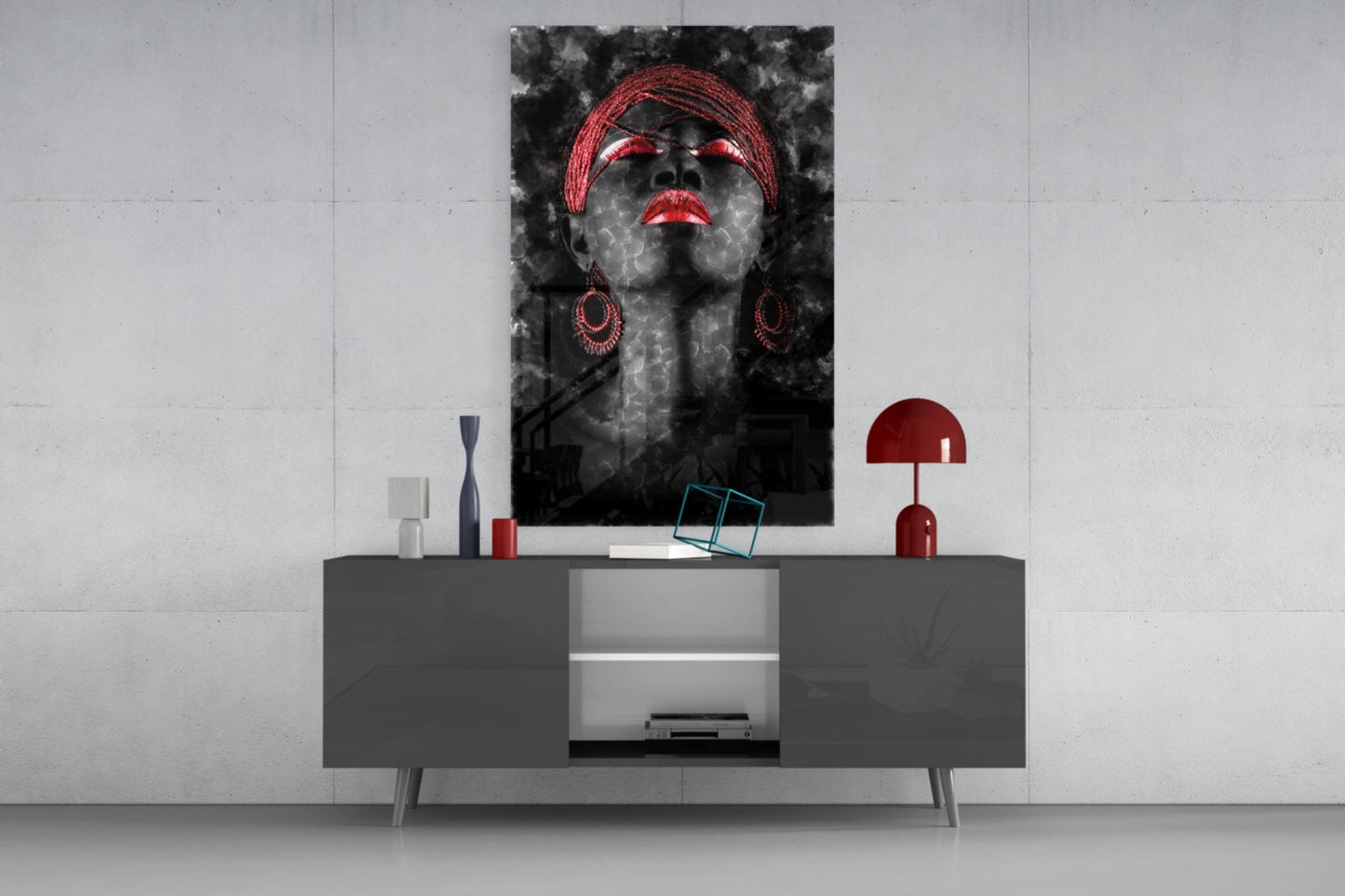 Red Lips Woman Dark Smoke Portrait Glass Wall Art