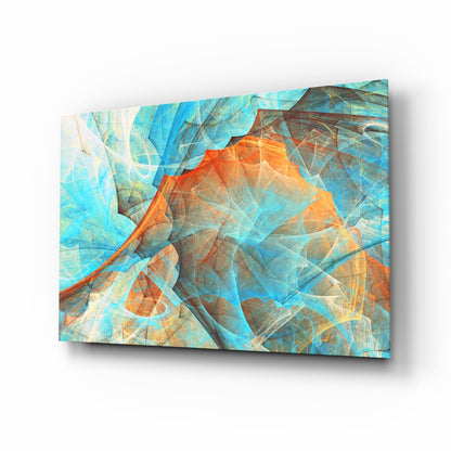 Abstract glass wall art panel displaying layered translucent orange, blue, and cream geometric shapes with dimensional perspective.