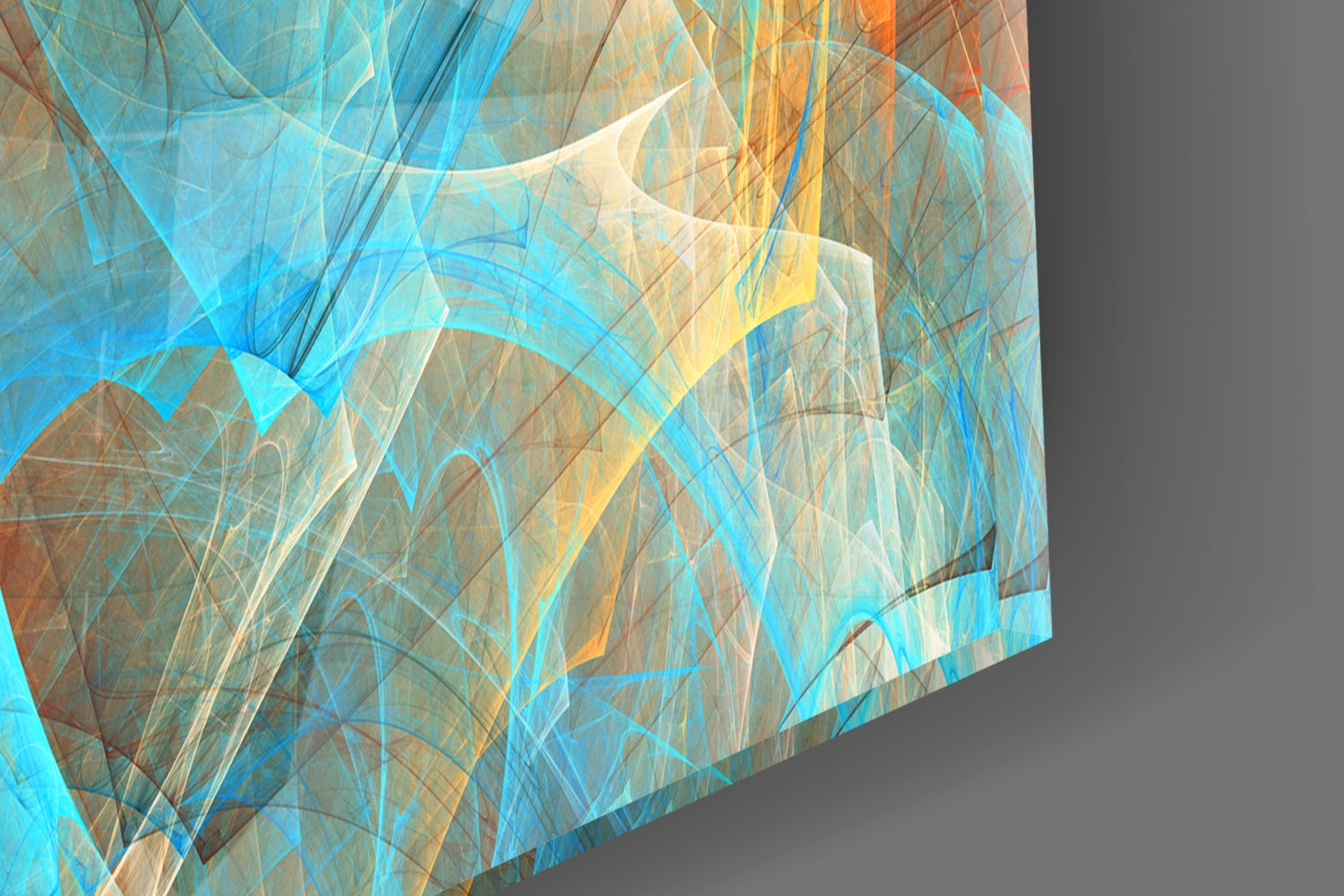 Angled perspective view of translucent glass wall art with layered blue, yellow, orange, and cream colored net patterns creating depth.