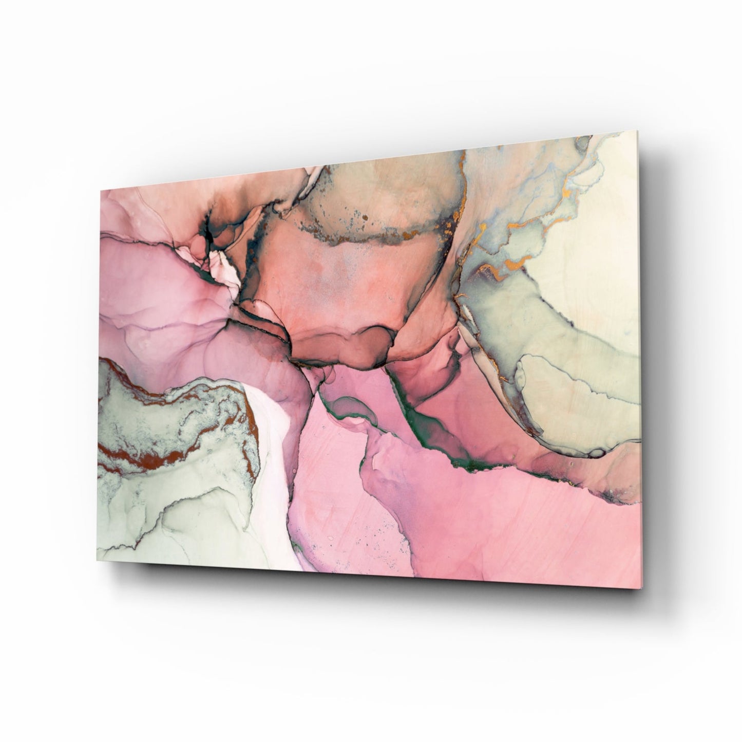 Angled perspective view of pink marble glass wall art with cream, coral, and black veining on white background, showing dimensional depth and shadow.