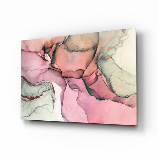 Angled perspective view of pink marble glass wall art with cream, coral, and black veining on white background, showing dimensional depth and shadow.