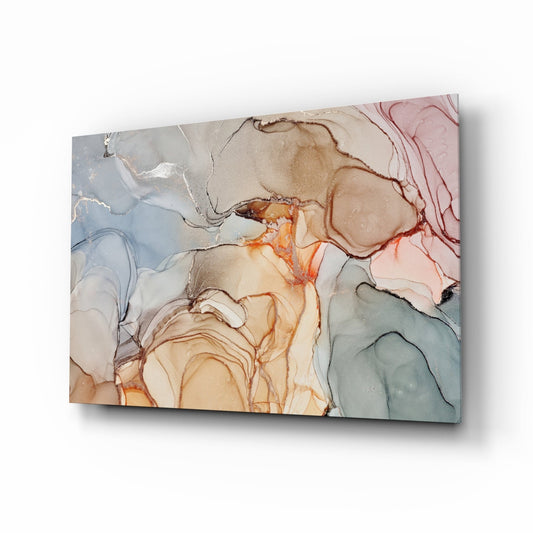 Angled perspective of glass wall art displaying swirled marble patterns in cream, rose, orange, and sage green tones with flowing ink-like veins.