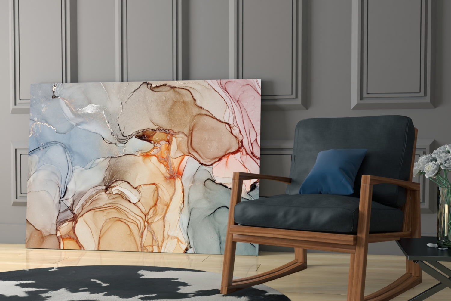 Abstract glass wall art with flowing marble patterns in cream, tan, orange, and pink tones displayed in modern living room setting.
