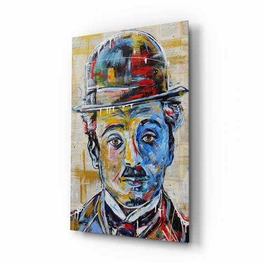 Colorful portrait of man in bowler hat and tie on newspaper background, painted in vibrant blues, reds, and yellows on glass panel.