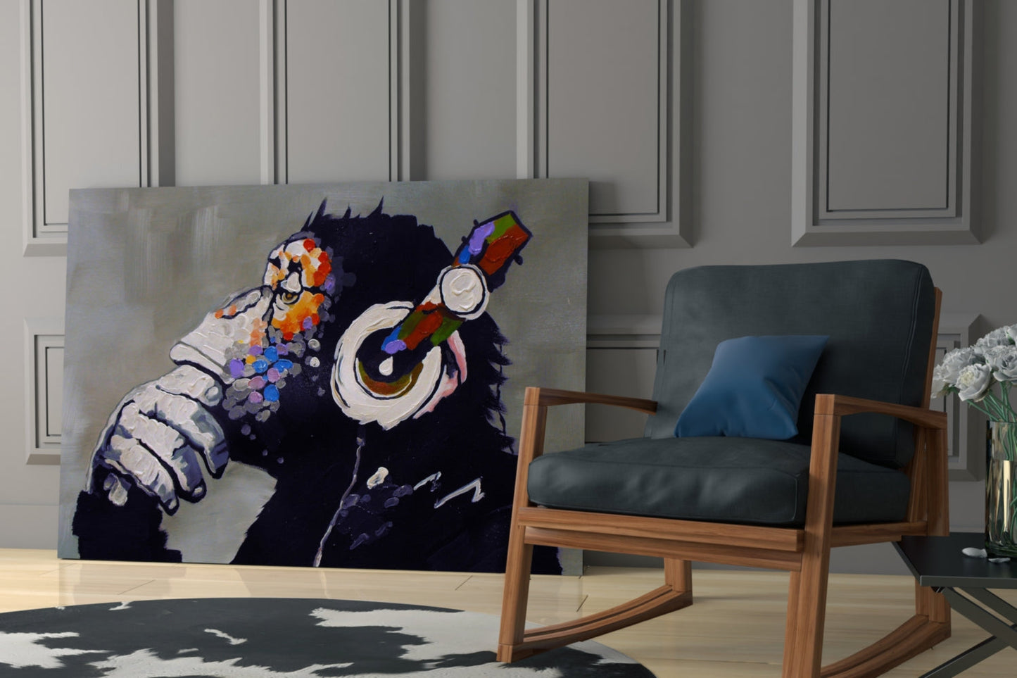 Colorful glass wall art of a black chimp wearing headphones displayed in a modern living room next to a wooden chair.