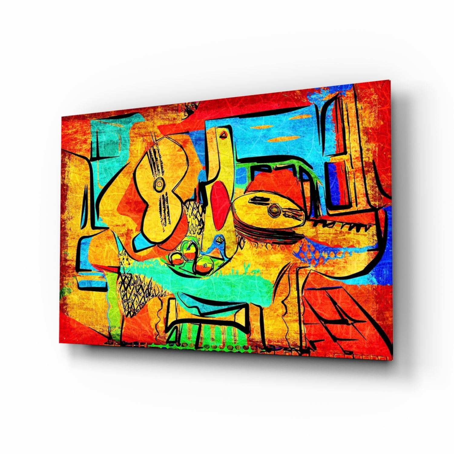 Colorful abstract glass wall art featuring yellow cellos and musical instruments against vibrant red, blue, turquoise, and orange geometric backgrounds, displayed at an angle.