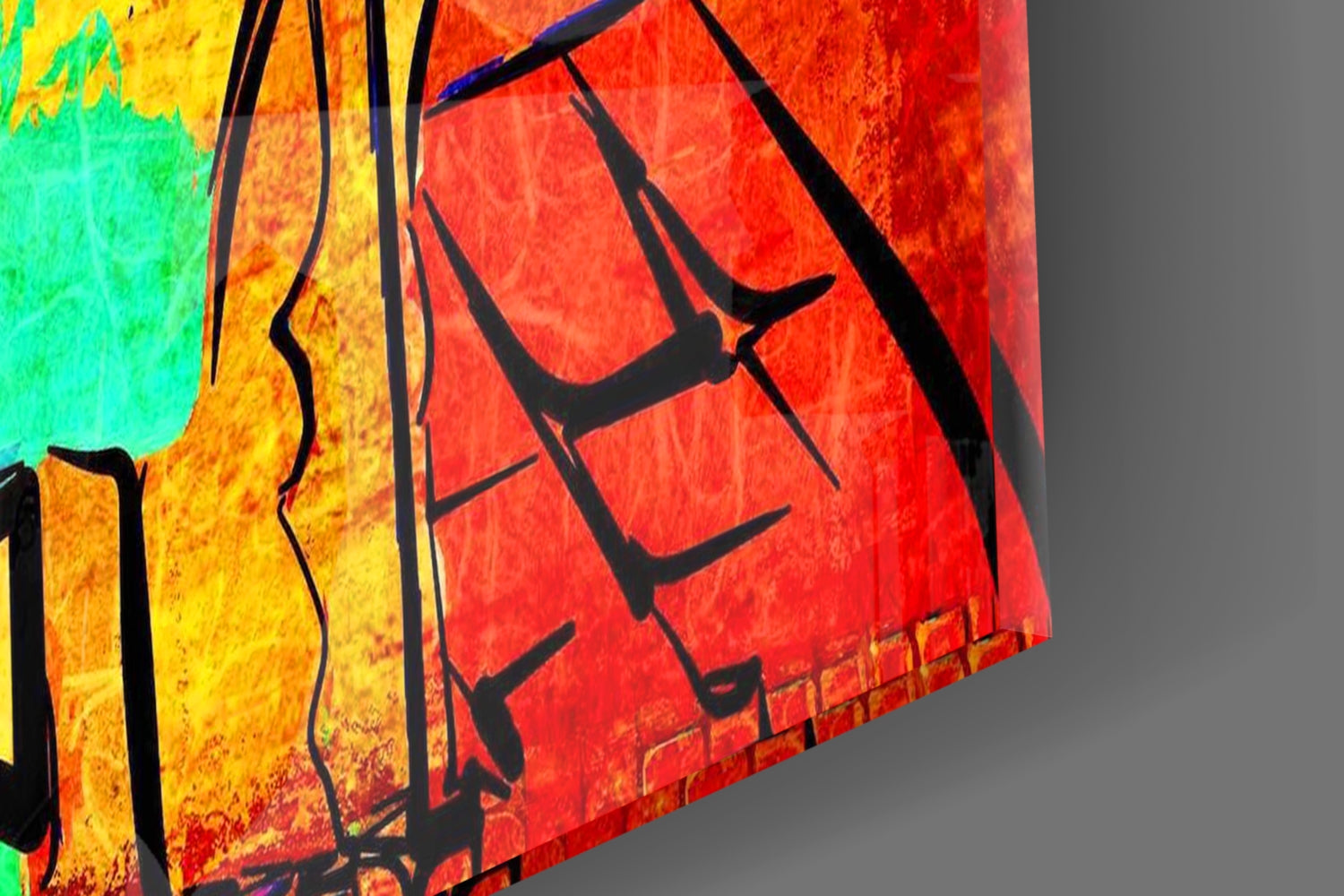 Angled view of glass wall art featuring silhouetted cello player against vibrant gradient background of green, yellow, orange, and red.