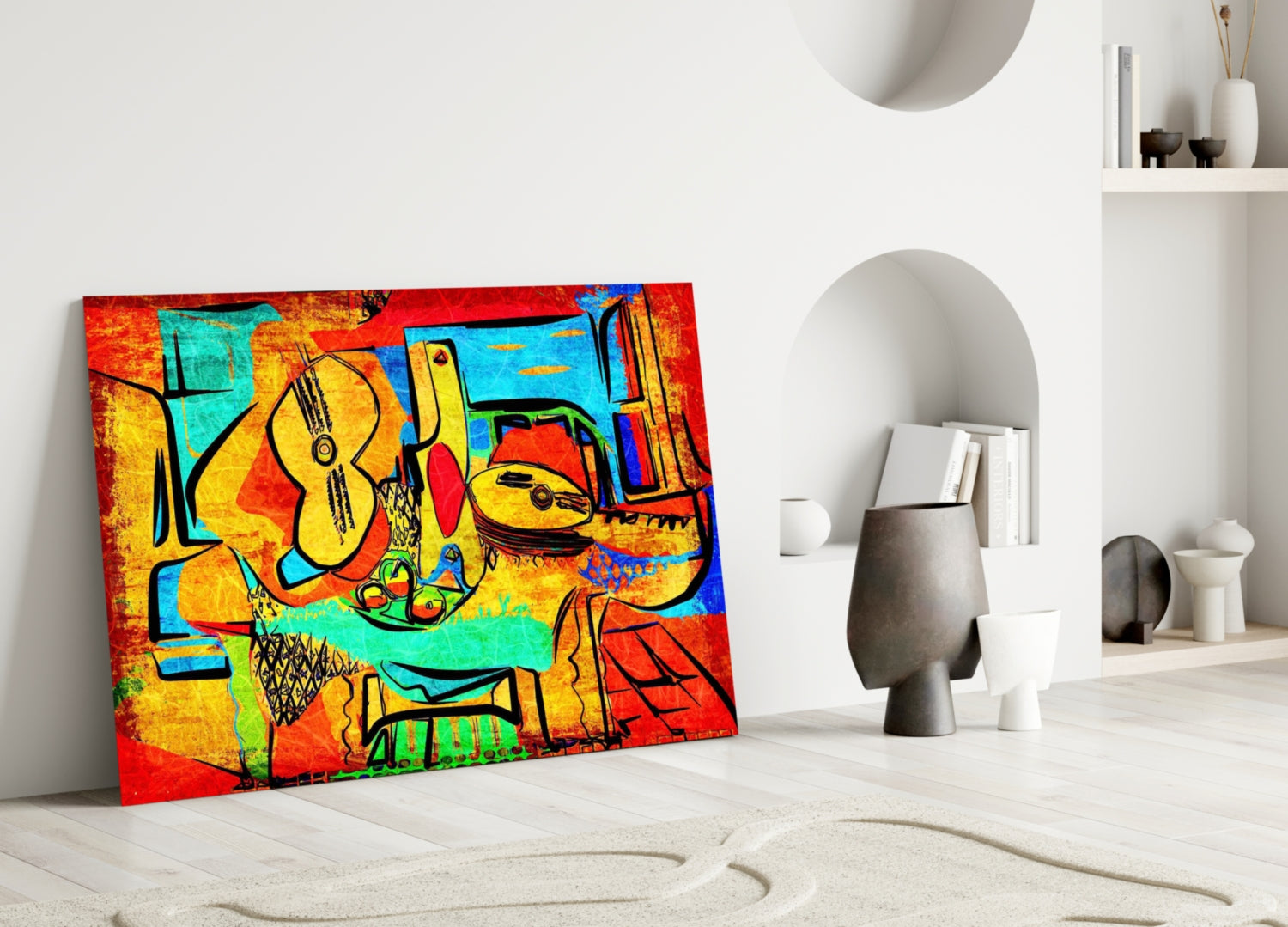 Colorful abstract glass art featuring musical instruments in vibrant reds, yellows, blues, and greens leaning against white wall in minimalist interior.