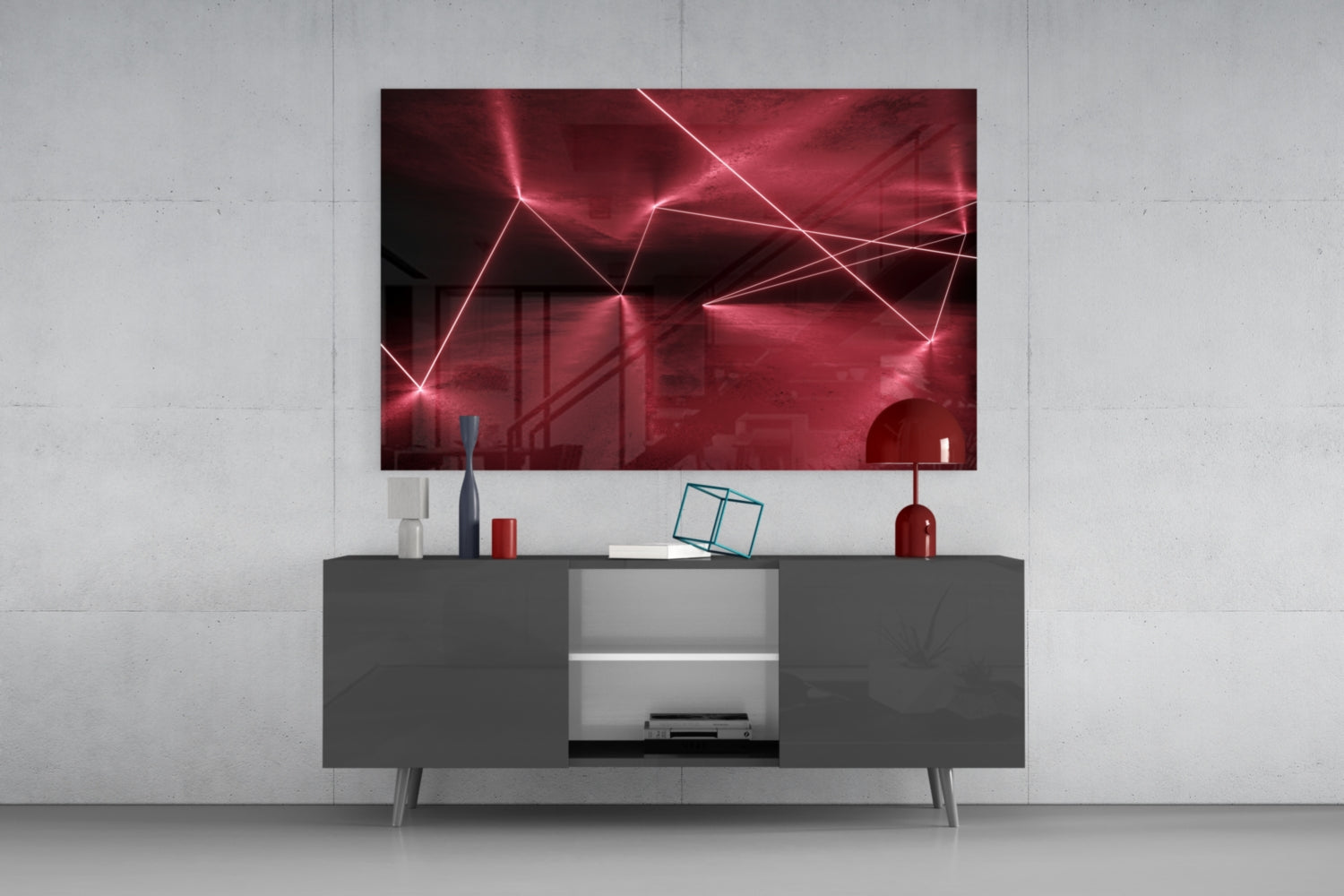 Forbidden Zone Glass Wall Art displayed on gray media console showing red neon geometric line patterns against dark interior backdrop.