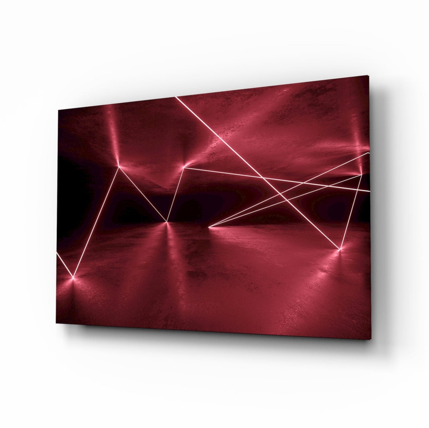 Angled perspective view of deep red glass wall art with glowing neon pink geometric lines forming connected triangular patterns against a textured dark background.