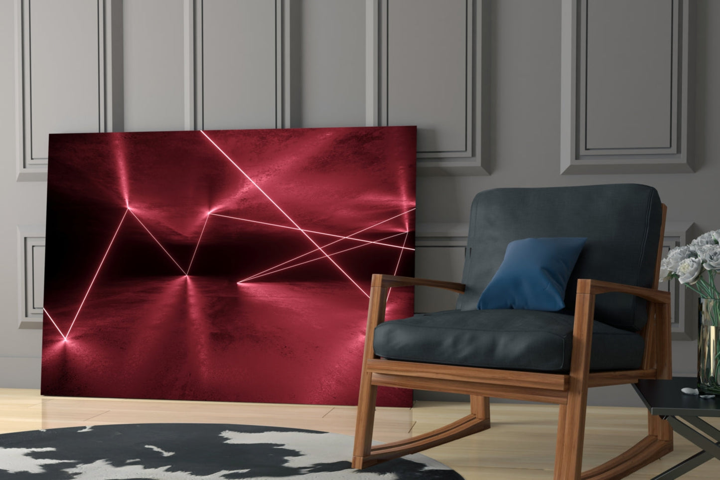 Dark wood chair with blue cushion beside red glowing neon geometric wall art in modern living room interior.