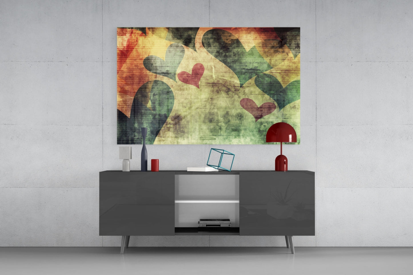 Hearts Hearts Glass Wall Art displayed above a dark grey media console, featuring watercolor cacti and red hearts on a textured background.