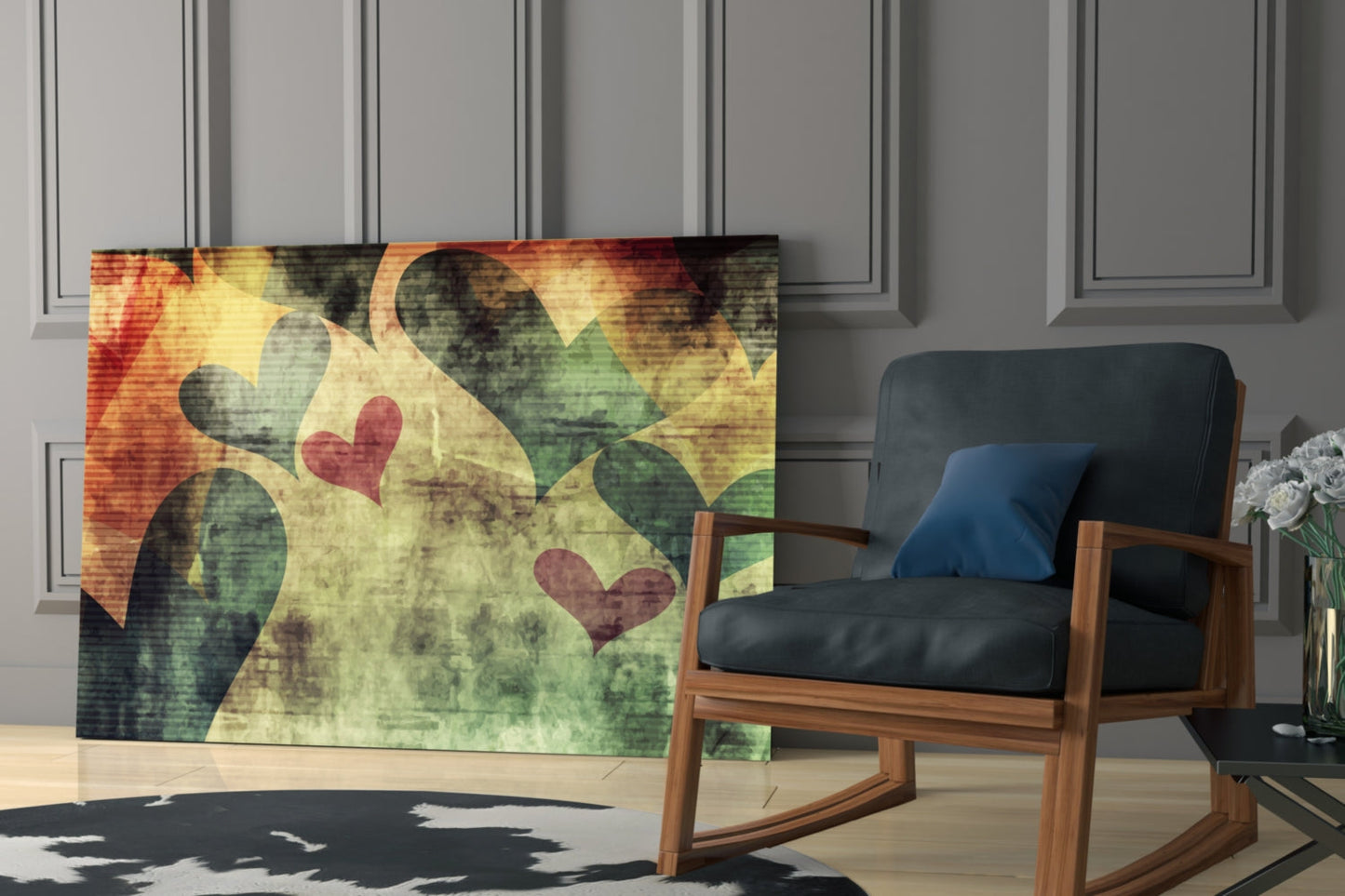 Hearts Hearts Glass Wall Art displayed on wall behind mid-century modern wooden chair with black leather seat and blue pillow in contemporary interior room setting.