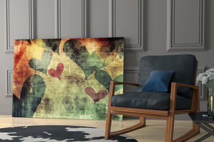 Hearts Hearts Glass Wall Art displayed on wall behind mid-century modern wooden chair with black leather seat and blue pillow in contemporary interior room setting.