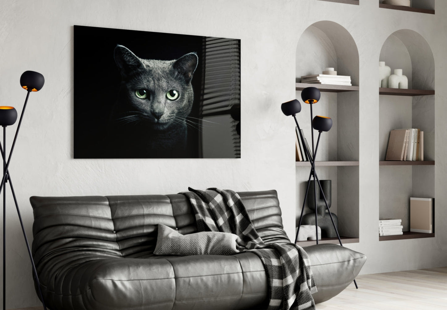 Green Eyed Blue Cat Dark Glass Wall Art