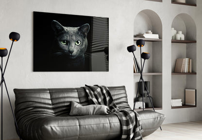 Green Eyed Blue Cat Dark Glass Wall Art