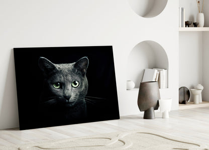 Green Eyed Blue Cat Dark Glass Wall Art