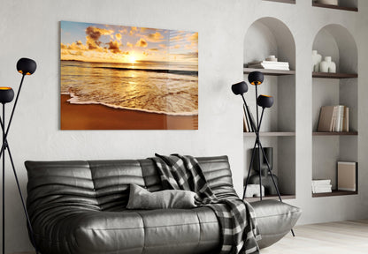 Golden Foam Beach Sunset Glass Wall Art
