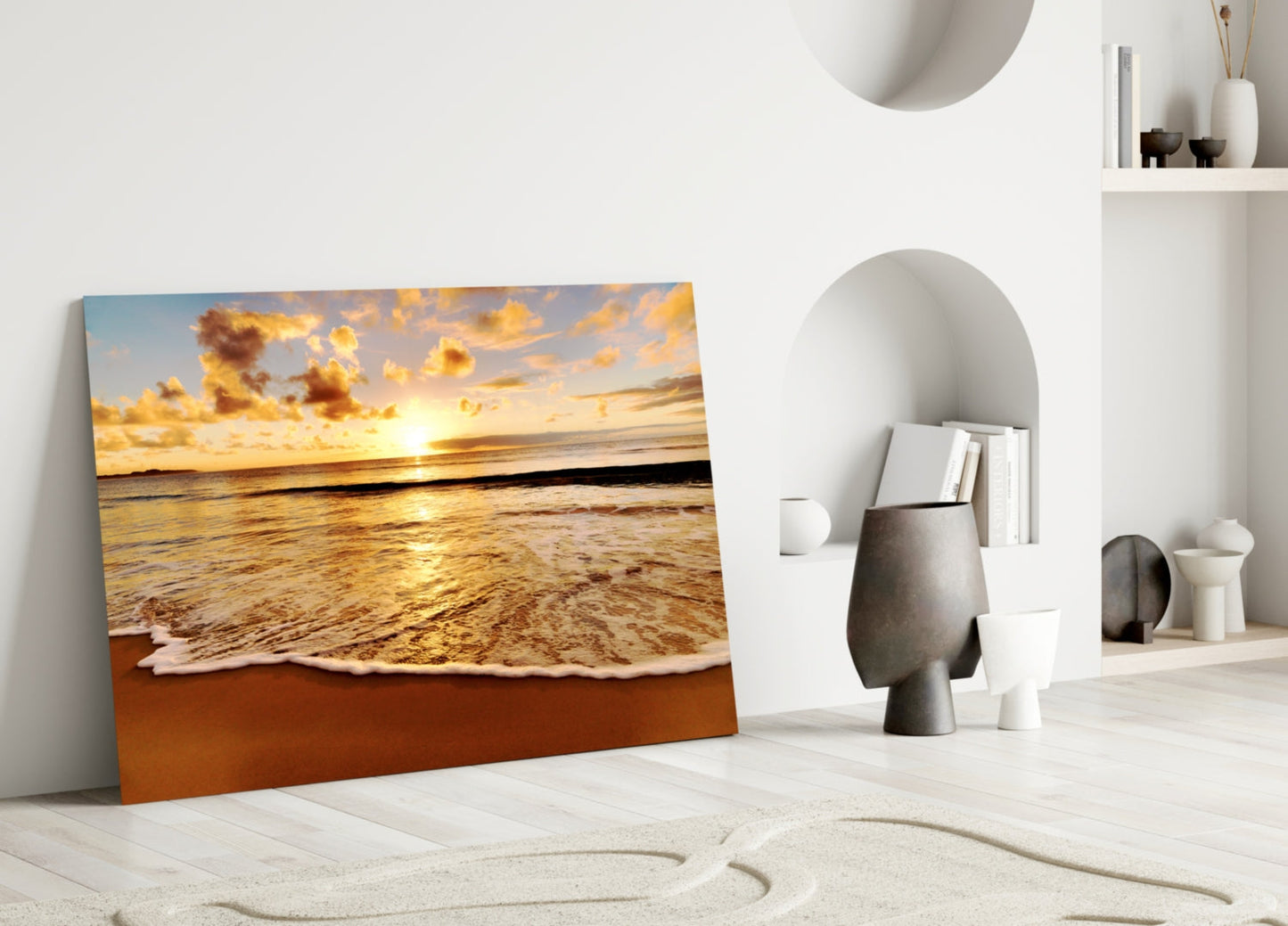 Golden Foam Beach Sunset Glass Wall Art