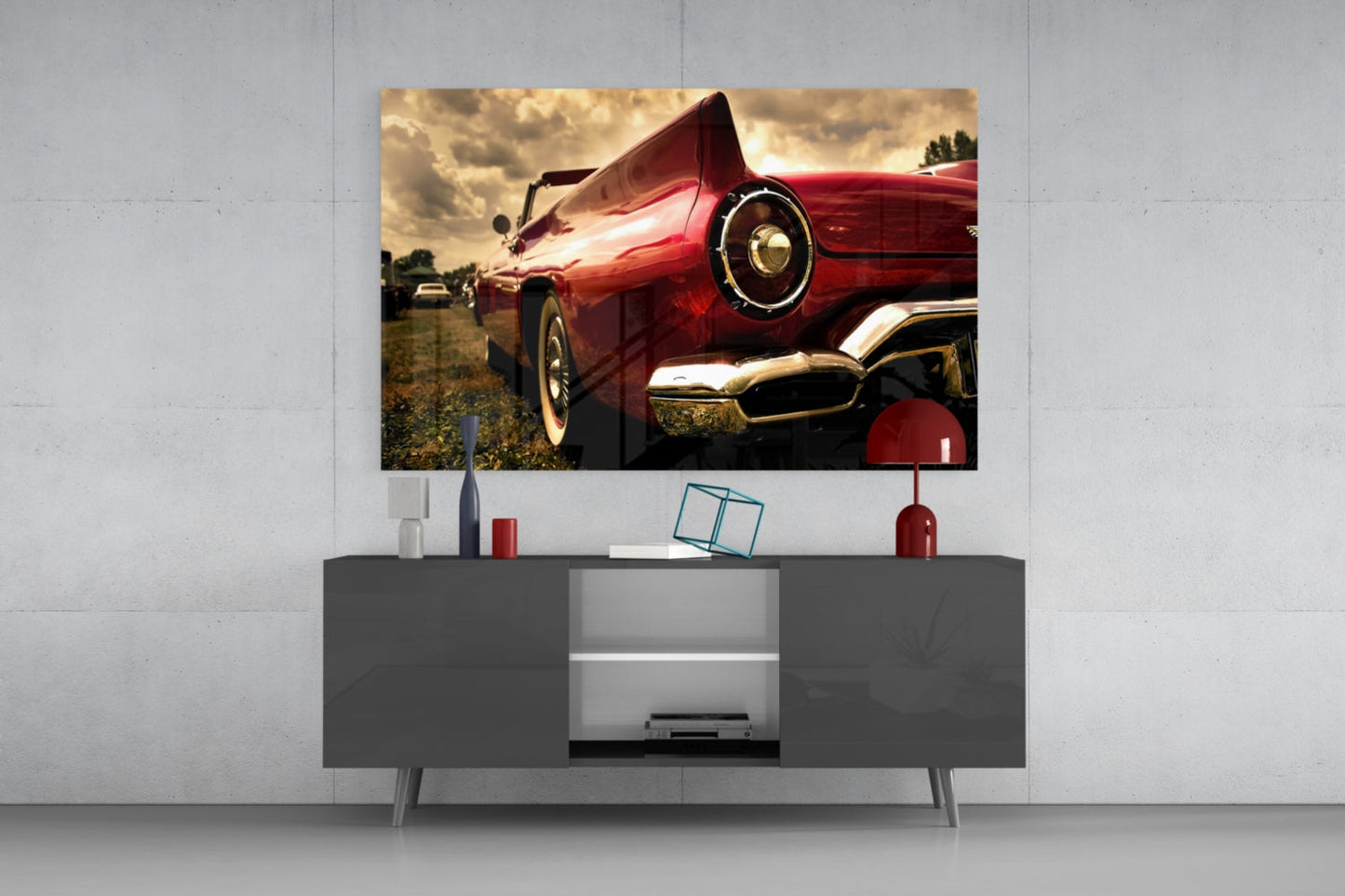 Crimson Tailfin Classic Car Sunset Glass Wall Art