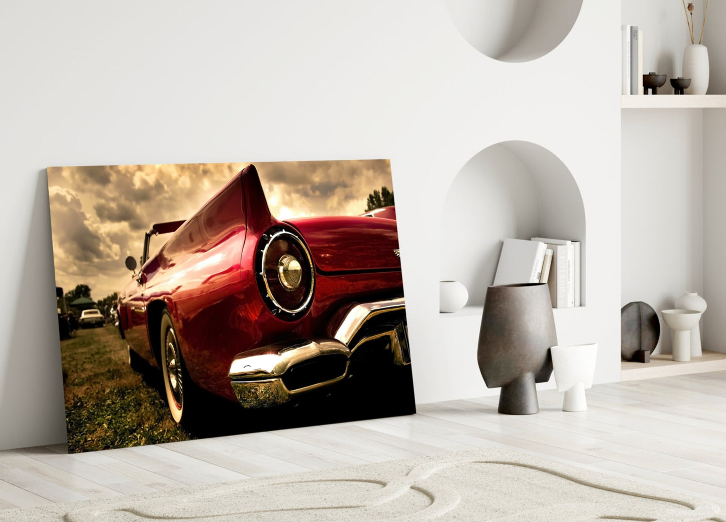Crimson Tailfin Classic Car Sunset Glass Wall Art