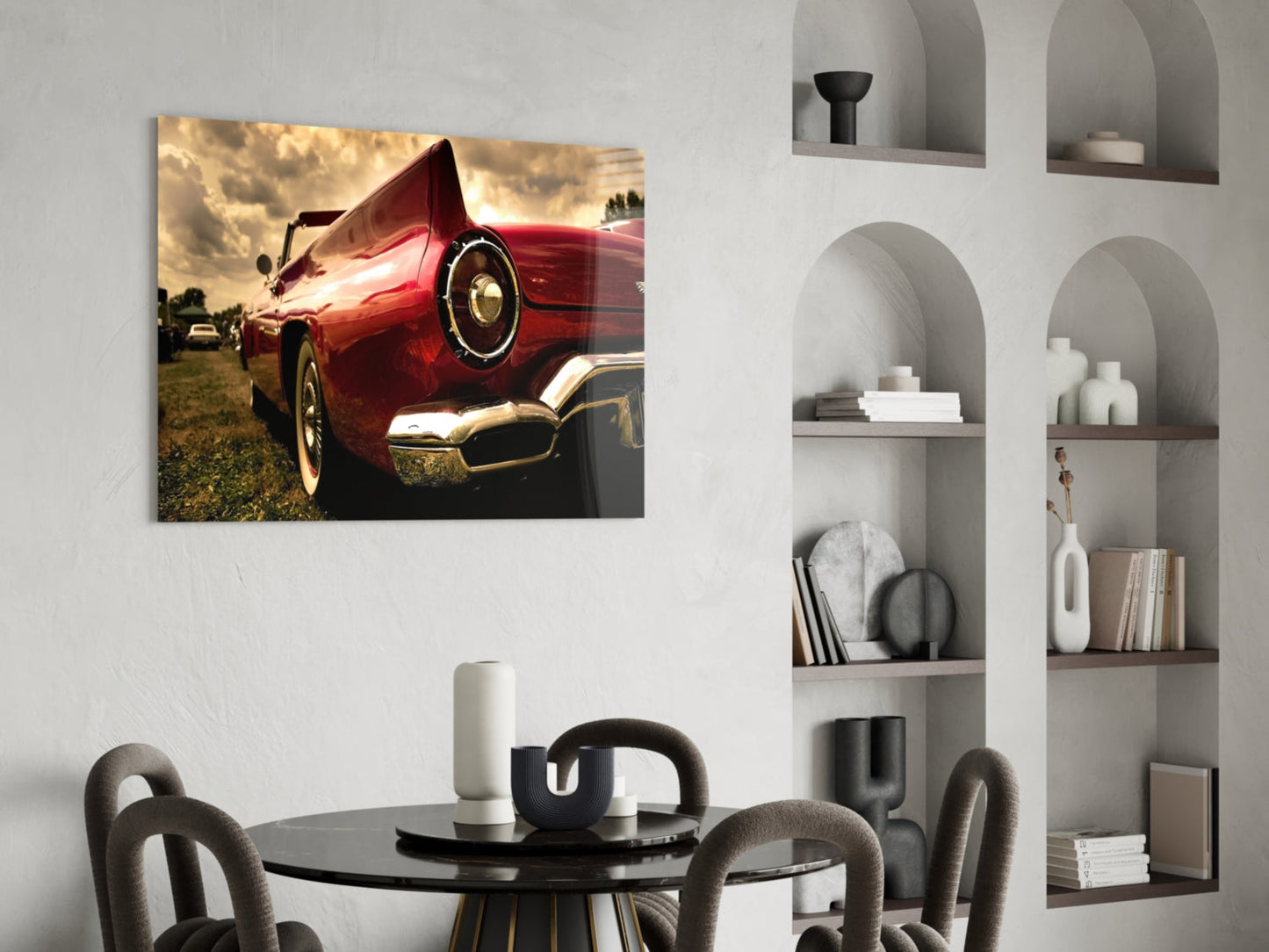 Crimson Tailfin Classic Car Sunset Glass Wall Art
