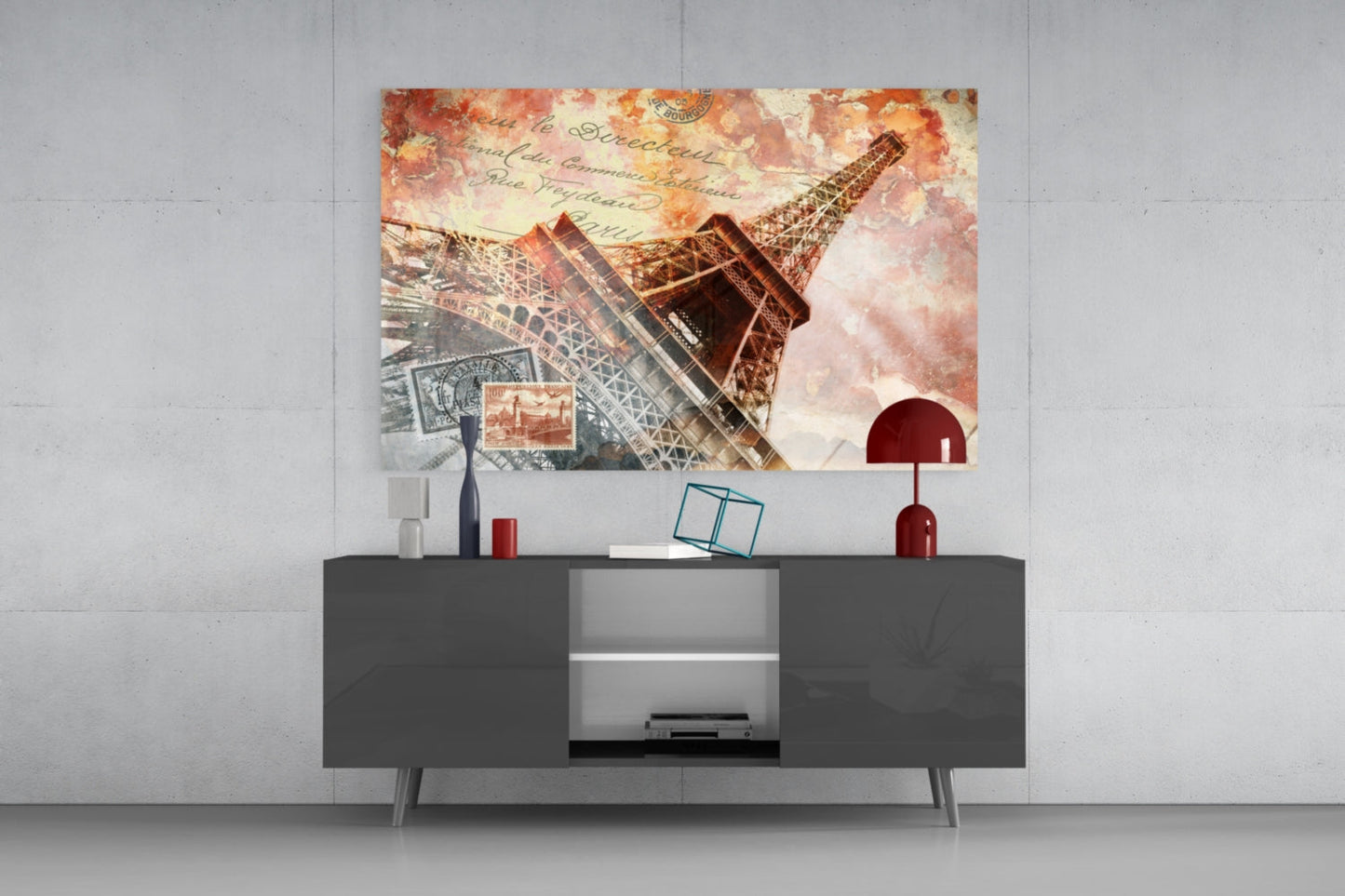 Vintage Postcard Eiffel Tower Glass Wall Art