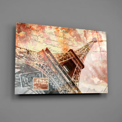 Vintage Postcard Eiffel Tower Glass Wall Art