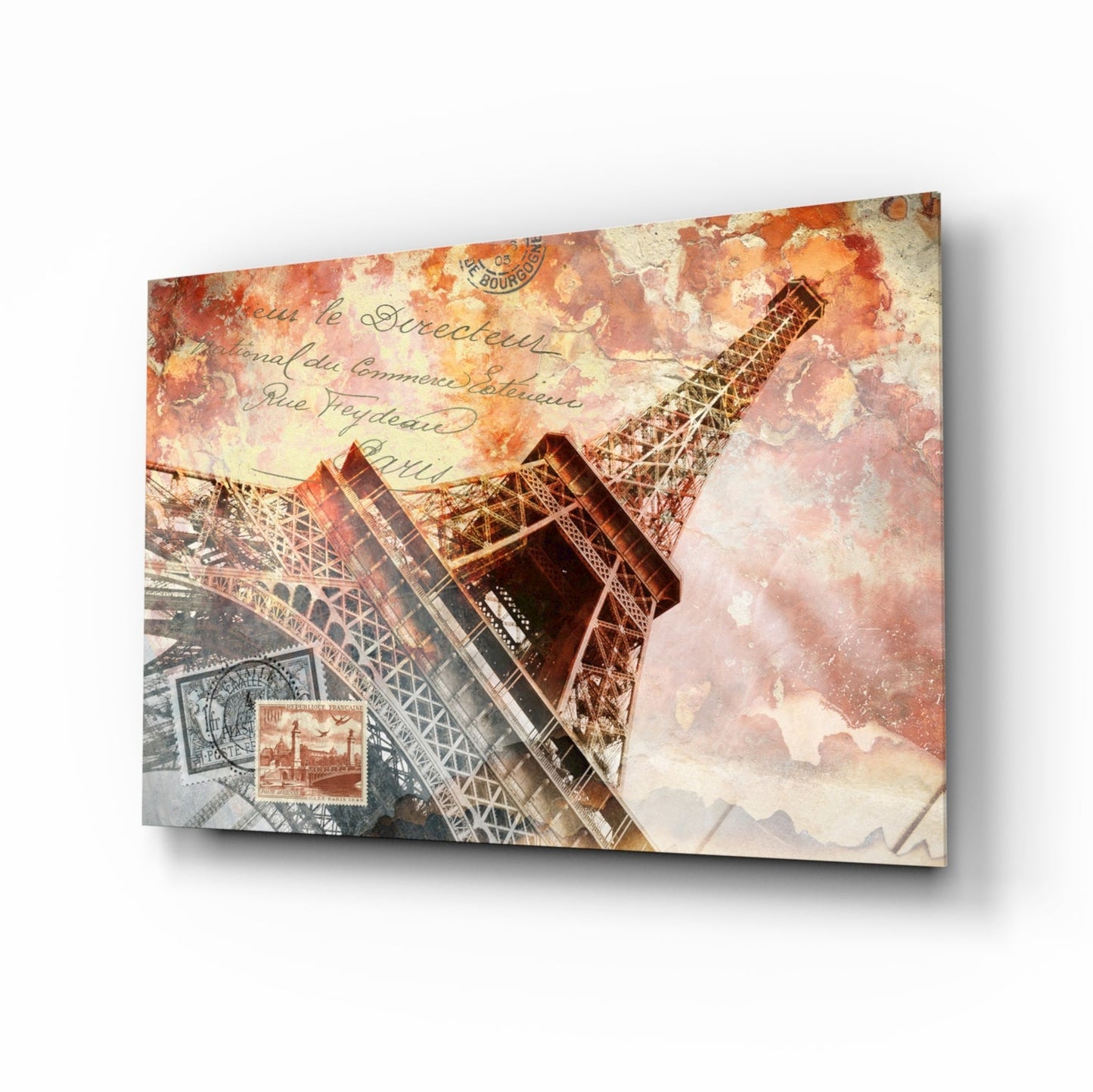 Vintage Postcard Eiffel Tower Glass Wall Art