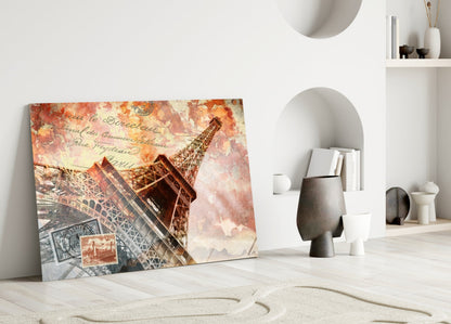 Vintage Postcard Eiffel Tower Glass Wall Art