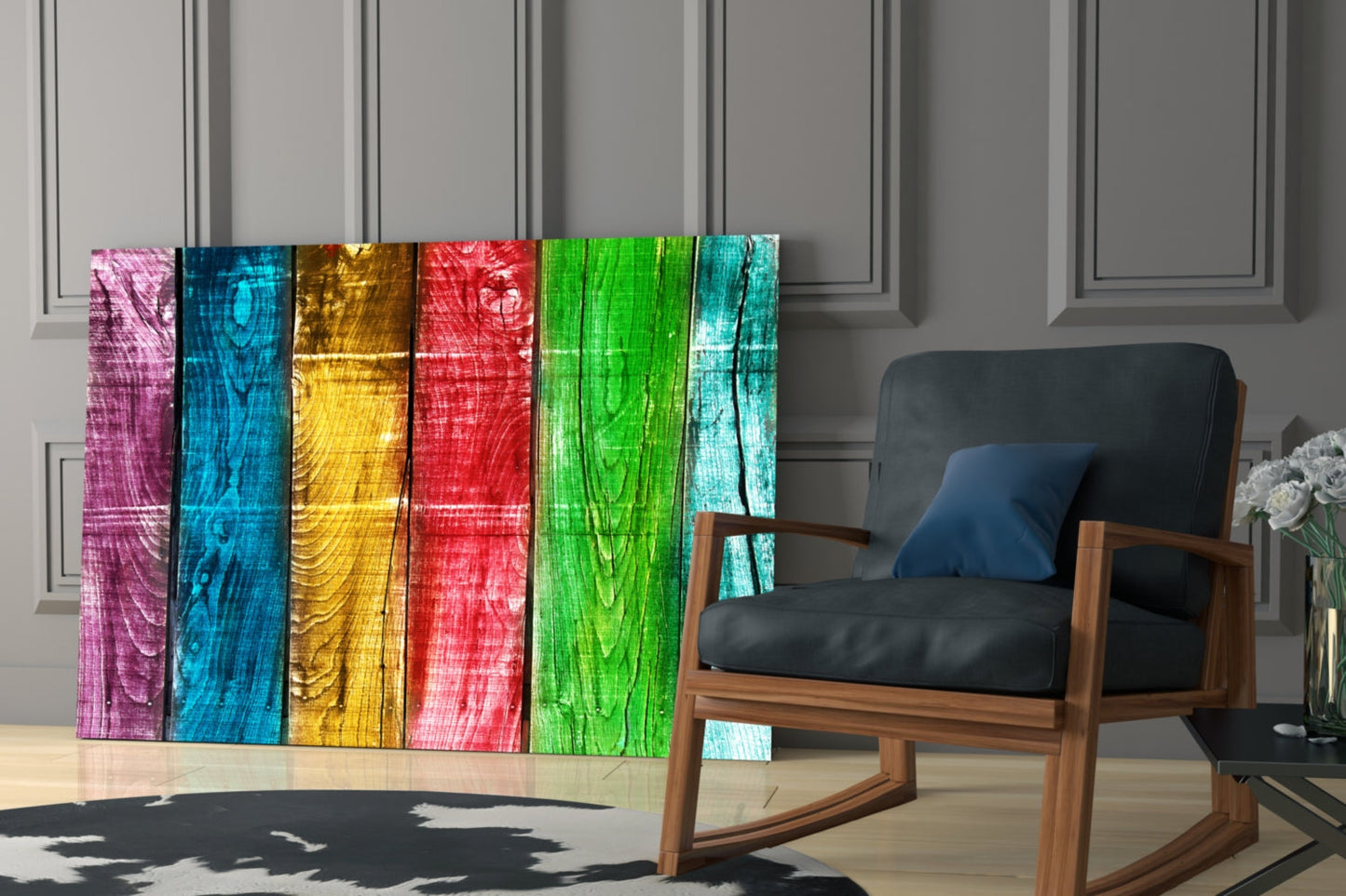 Colorful wood-grain glass art panel in pink, blue, yellow, red, green, and turquoise displayed in modern living room with wooden chair.