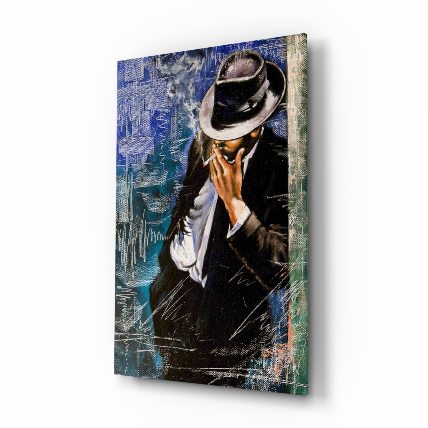 Angled view of glass wall art depicting a man in fedora and sunglasses smoking, with blue and green abstract background textures.