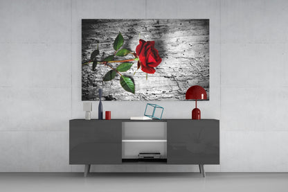 Single Red Rose on Weathered Wood Glass Wall Art