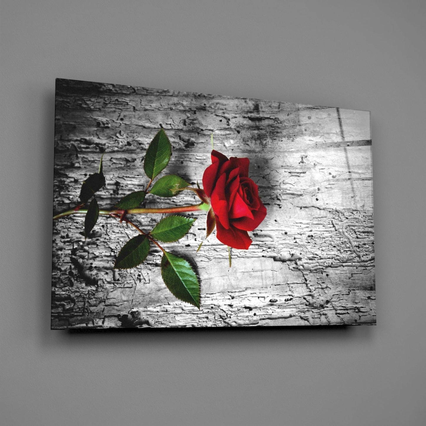 Single Red Rose on Weathered Wood Glass Wall Art