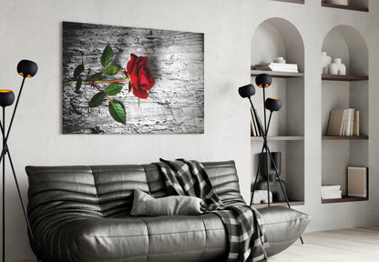 Single Red Rose on Weathered Wood Glass Wall Art