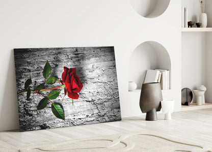 Single Red Rose on Weathered Wood Glass Wall Art