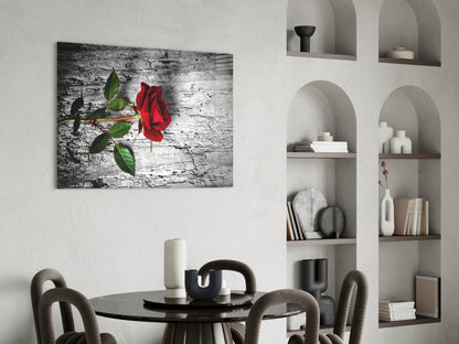 Single Red Rose on Weathered Wood Glass Wall Art