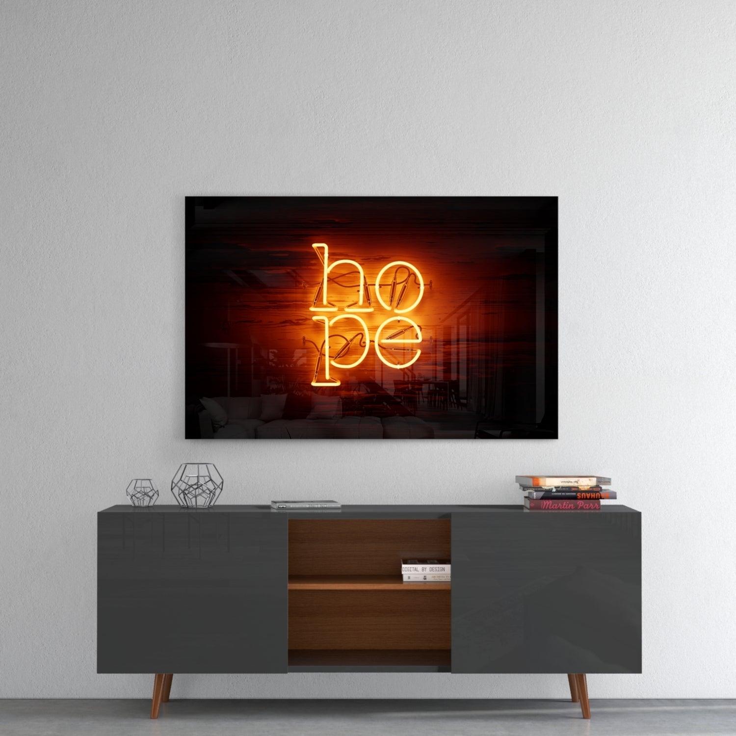 Orange neon "hope" sign displayed on black framed glass above gray mid-century media console with wooden shelving.