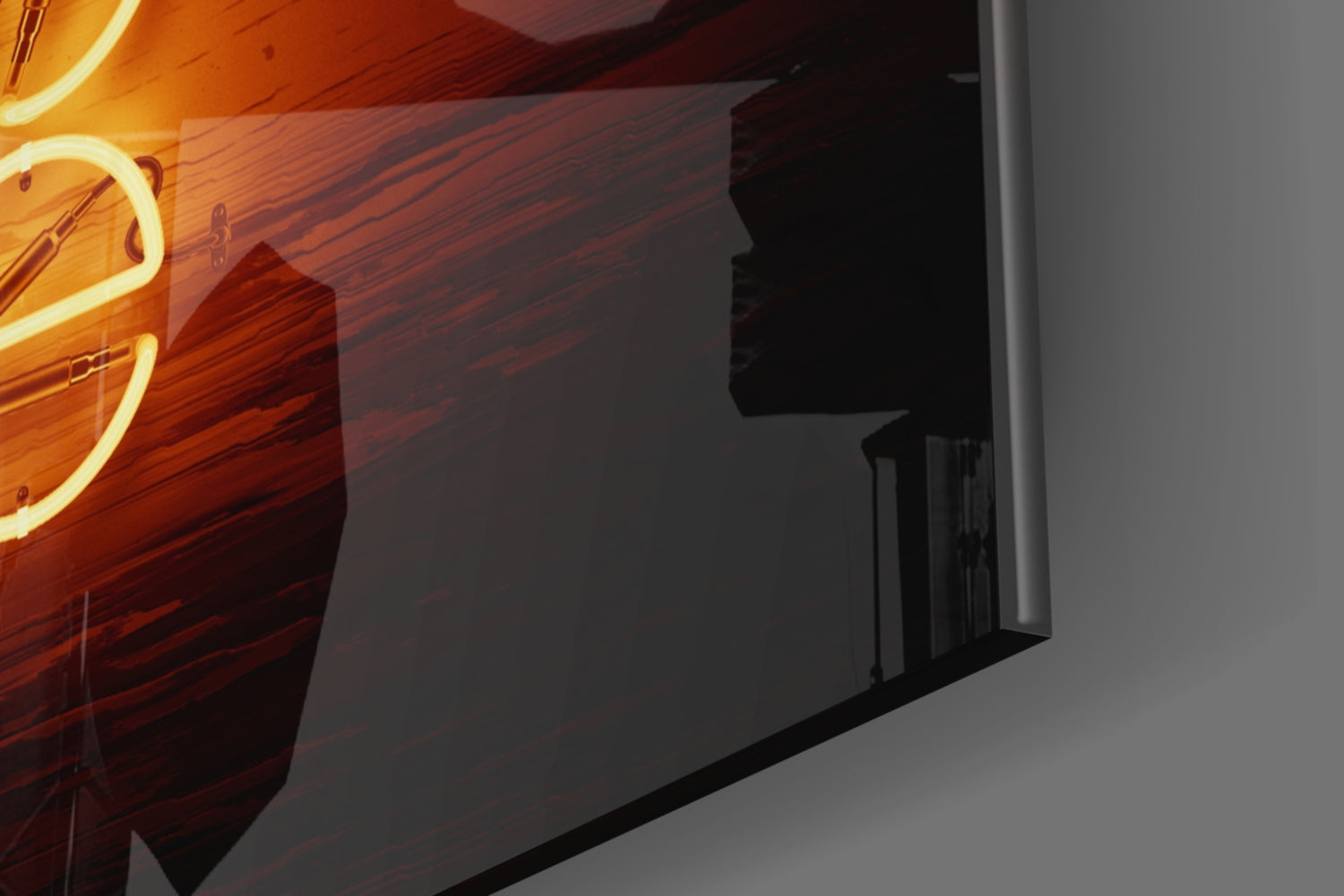 Close-up angled view of red wood-grain glass art with golden neon outline, mounted on white wall.