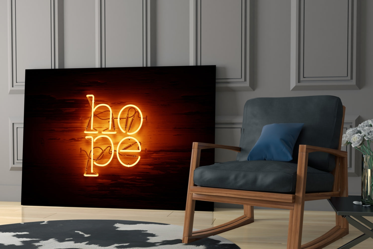 Golden neon "hope" sign displayed on black glass panel beside wooden chair in modern living room.
