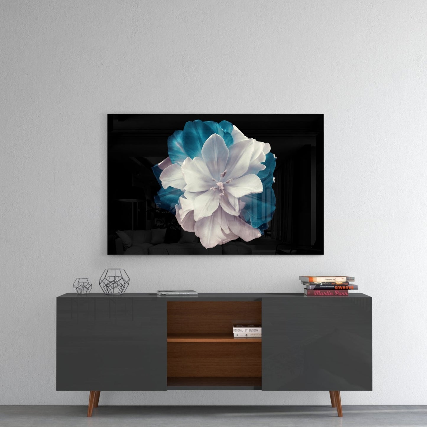 White and Teal Layered Blossom Glass Wall Art