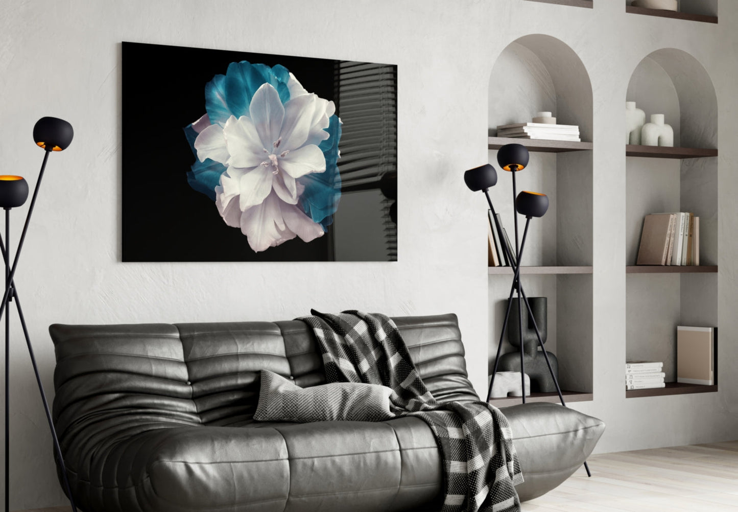 White and Teal Layered Blossom Glass Wall Art