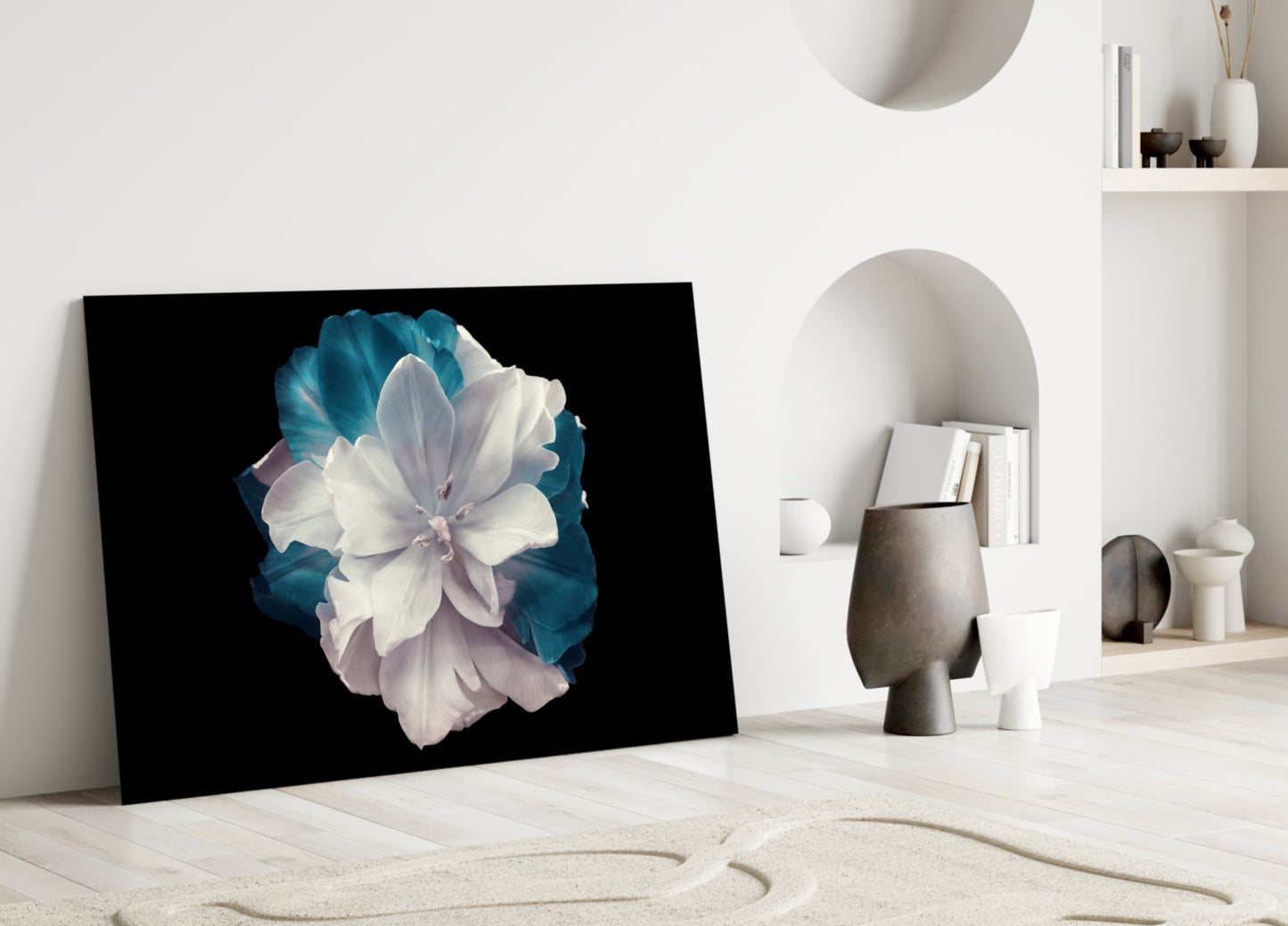White and Teal Layered Blossom Glass Wall Art