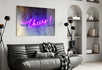 Purple Neon Cheers Script Sign Glass Wall Art