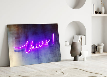 Purple Neon Cheers Script Sign Glass Wall Art
