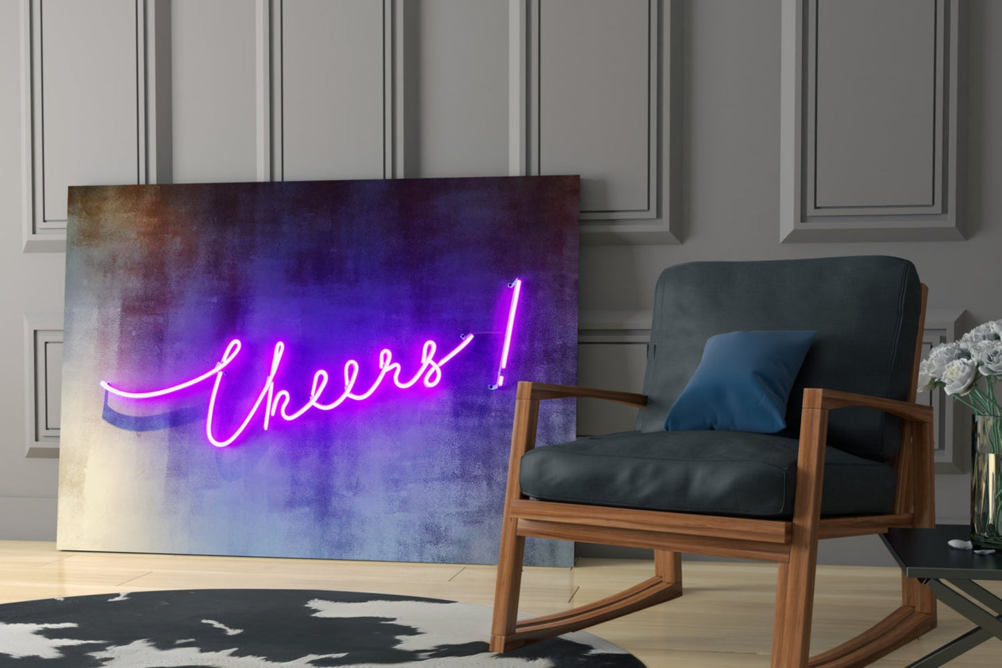 Purple Neon Cheers Script Sign Glass Wall Art