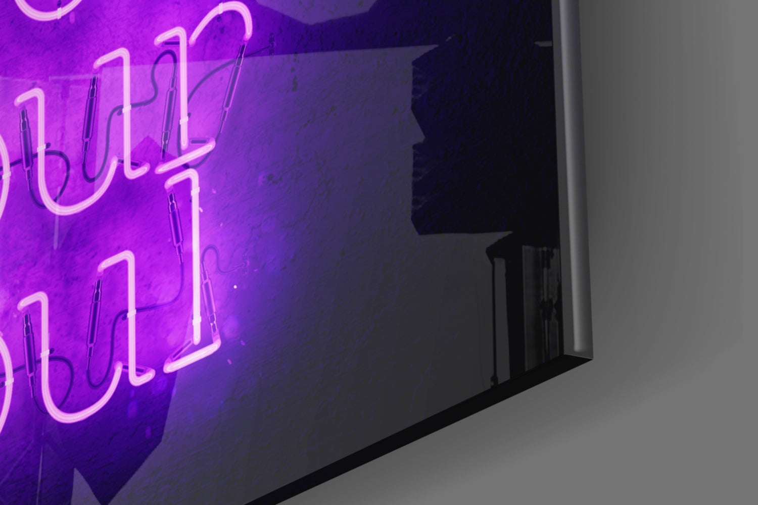 Purple neon glass wall art with "Feed Your Soul" text installed on dark wall, angled perspective view.