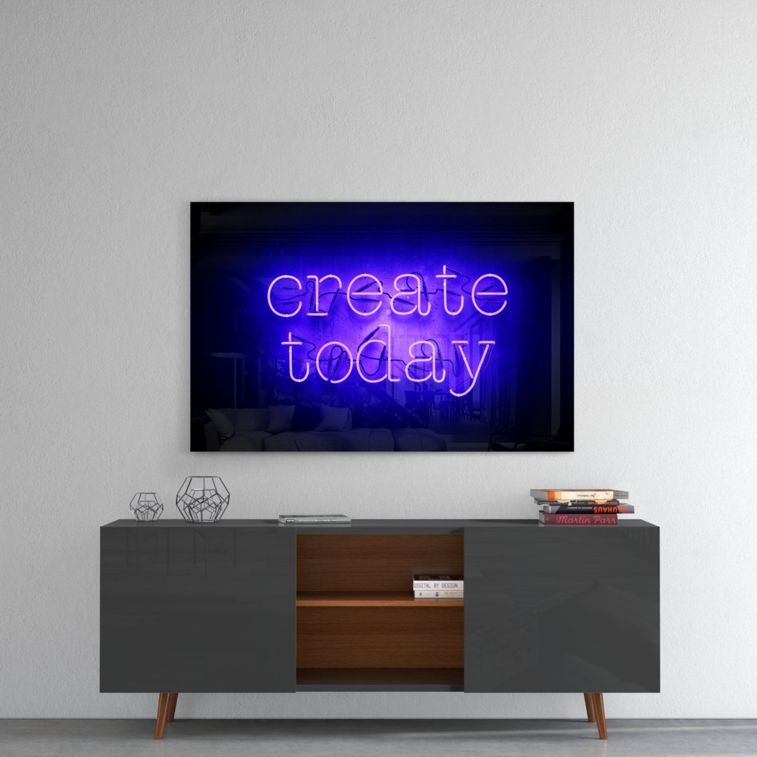 Purple neon "create today" glass wall art mounted above gray mid-century modern console table against white wall.