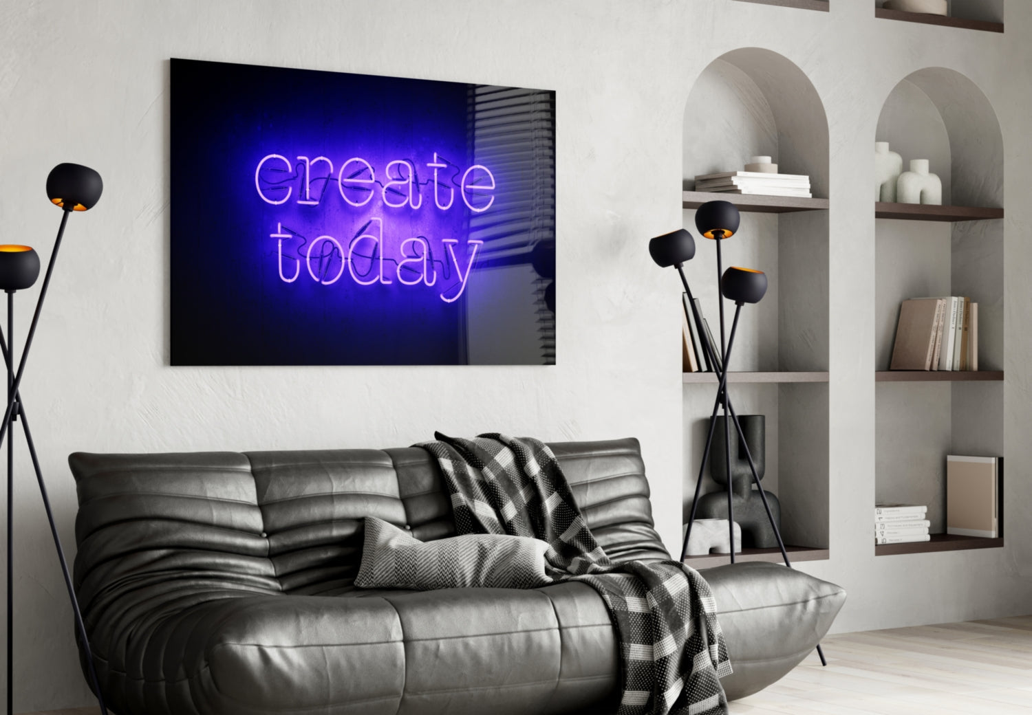 Blue neon "create today" glass wall art displayed above gray leather sofa in modern living room interior.